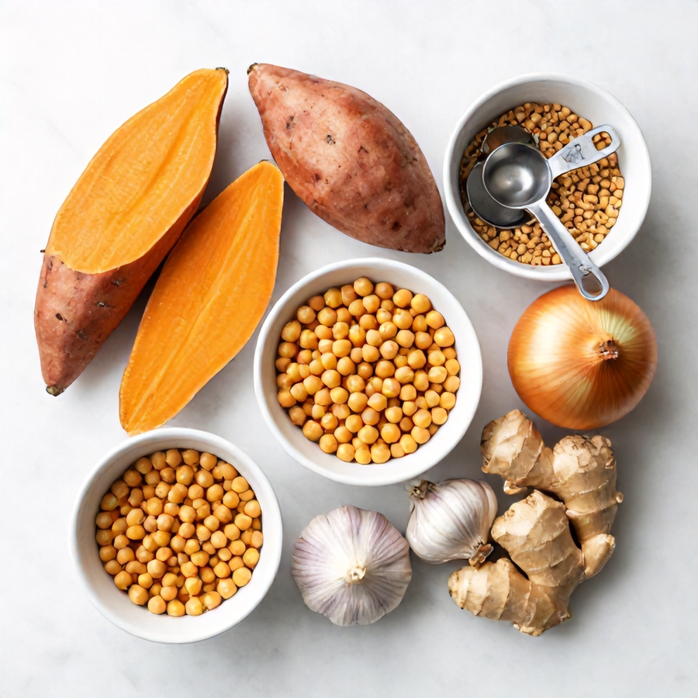Raw ingredients for Moroccan sweet potato soup