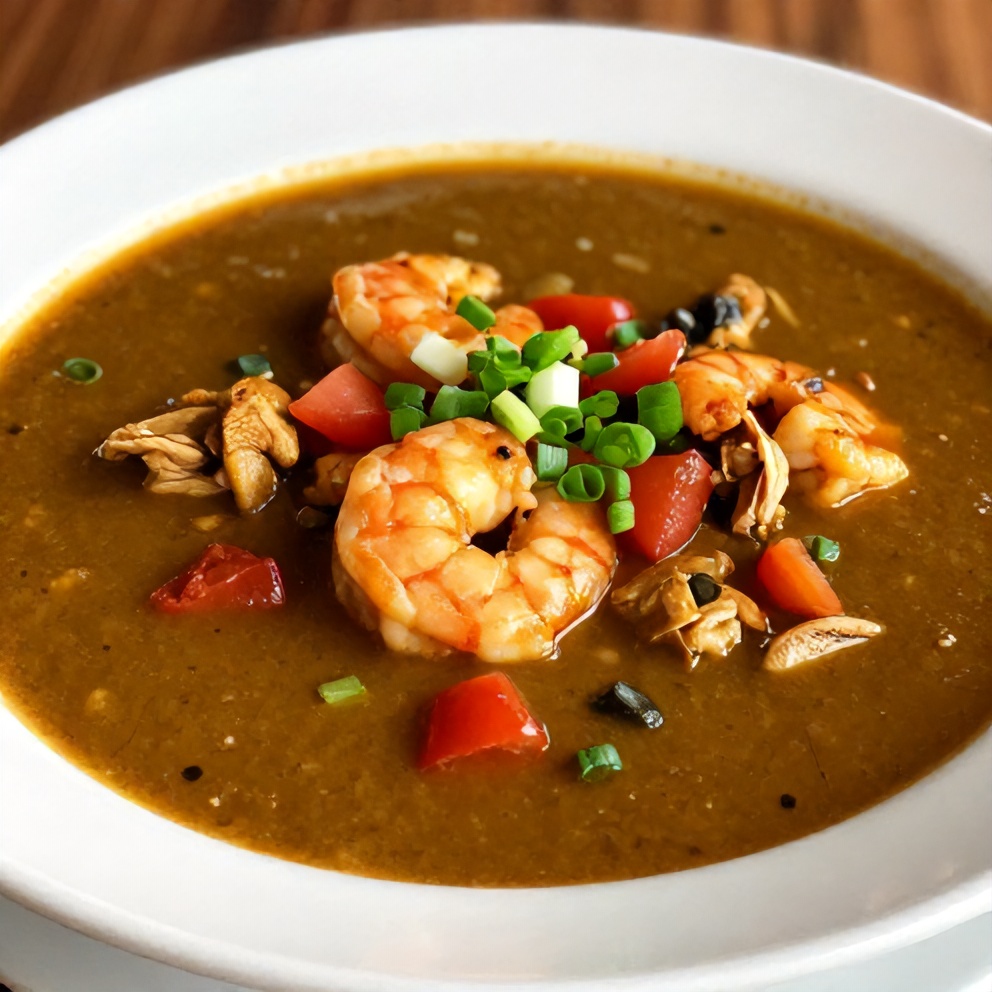 Plated Nigerian Okra Soup with Shrimp and Turkey