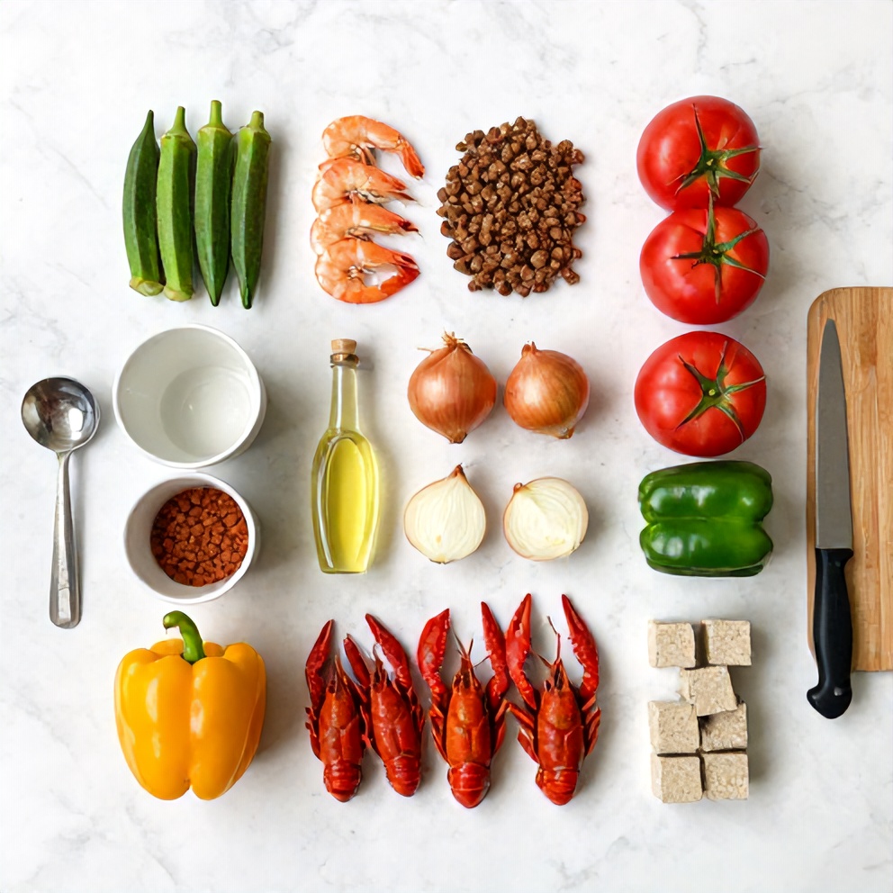 Raw ingredients for Nigerian Okra Soup