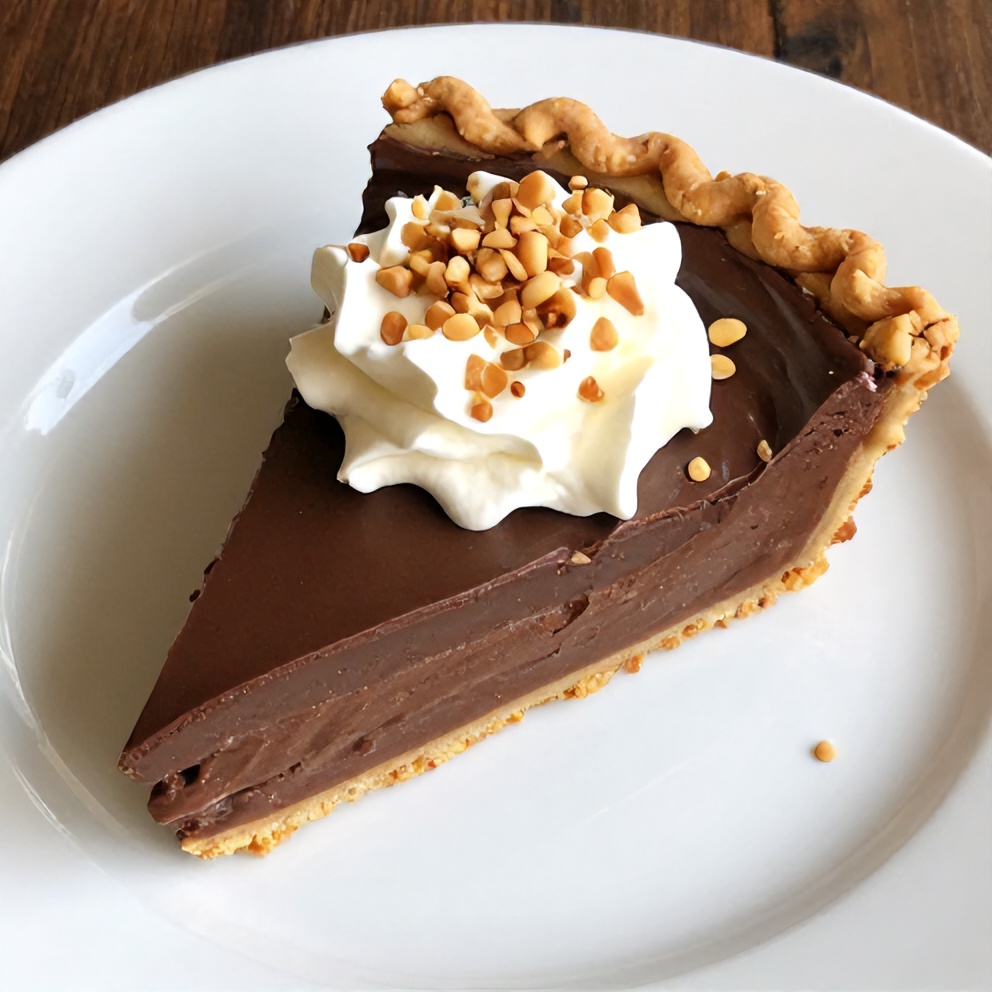 Sliced no-bake chocolate peanut butter pie on a dessert plate