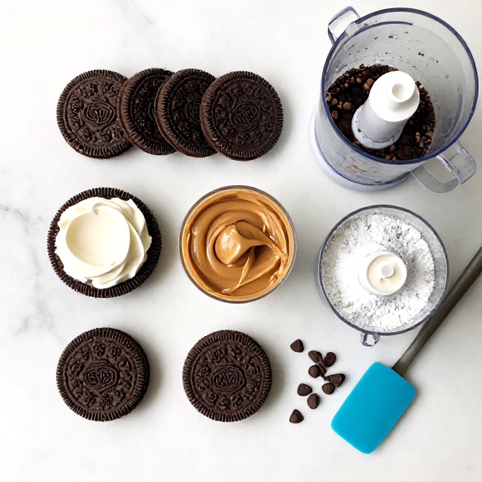 Raw ingredients for no-bake chocolate peanut butter pie including Oreo cookies, cream cheese, peanut butter, and chocolate chips