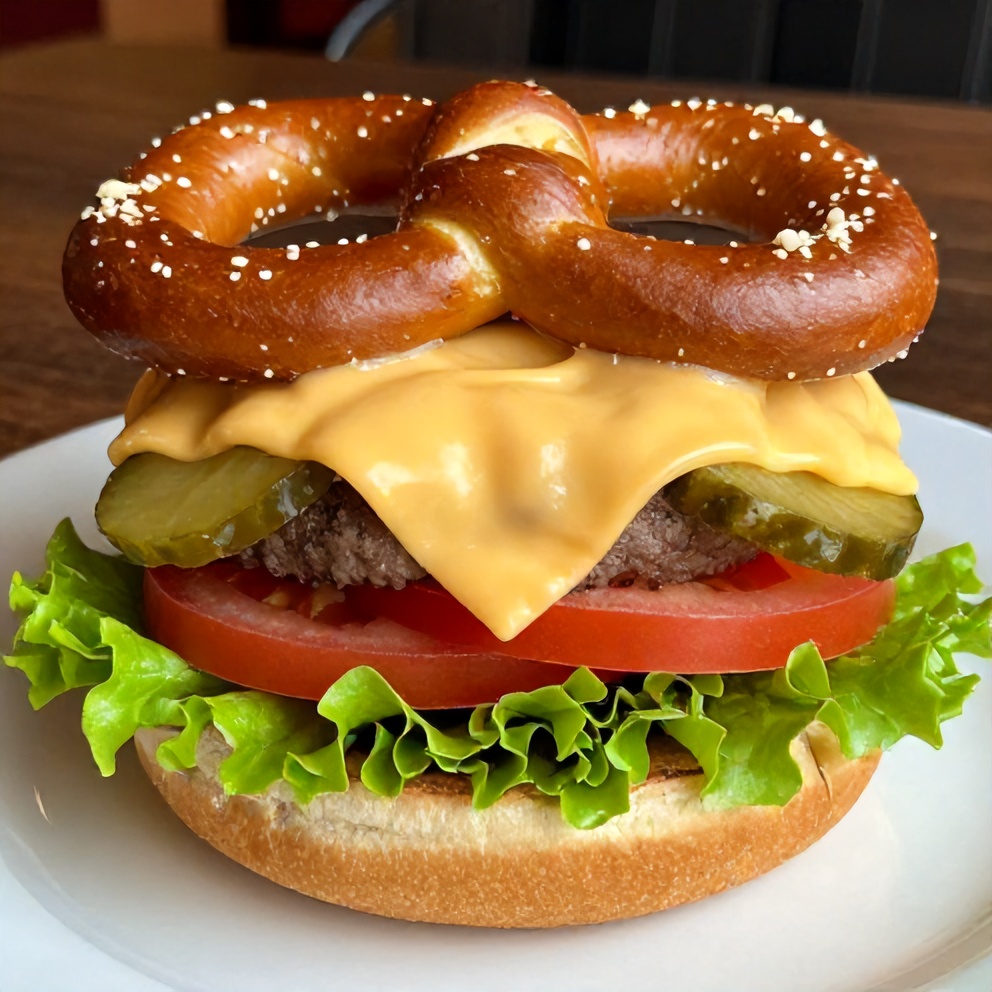 Close-up of a perfectly plated Oktoberfest beer cheese pretzel burger