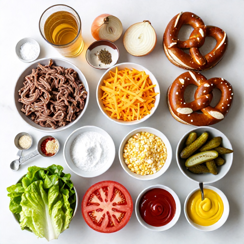 Raw ingredients for Oktoberfest beer cheese pretzel burgers on a marble surface