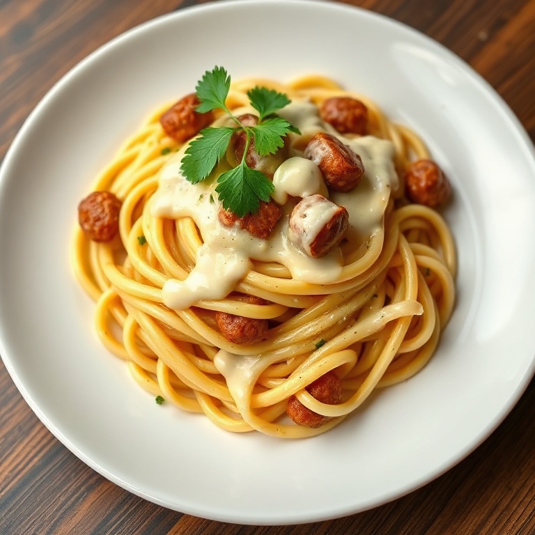 A single serving of one pot creamy cajun sausage pasta. Topped with fresh parsley. Creamy sauce drizzled on the pasta. A white ceramic plate with warm lighting.