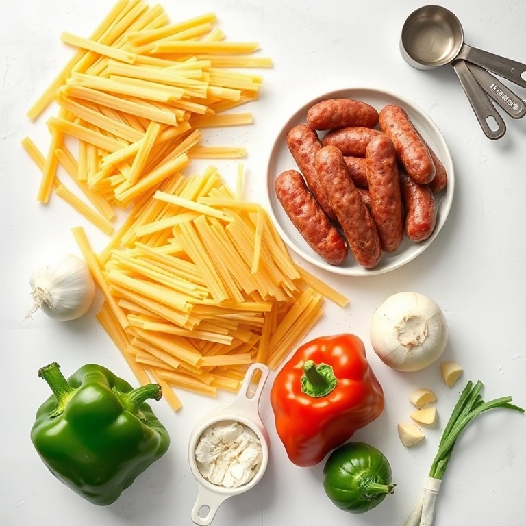 Raw ingredients for one pot creamy cajun sausage pasta. Sausage, pasta, garlic, bell peppers, and onions arranged in a flat lay. Measuring cups and spoons nearby. Bright light on white counter.