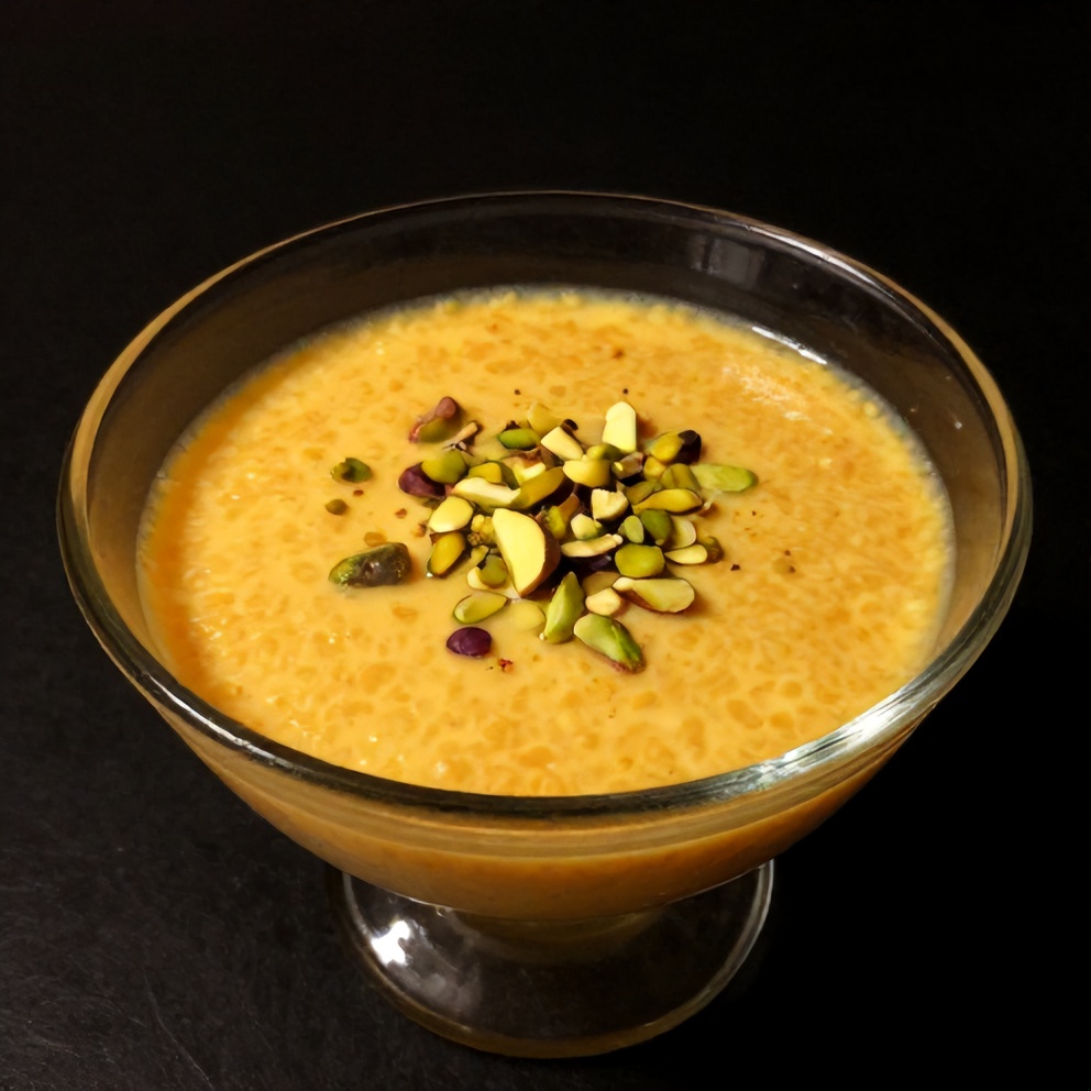 Plated orange blossom semolina pudding with pistachios