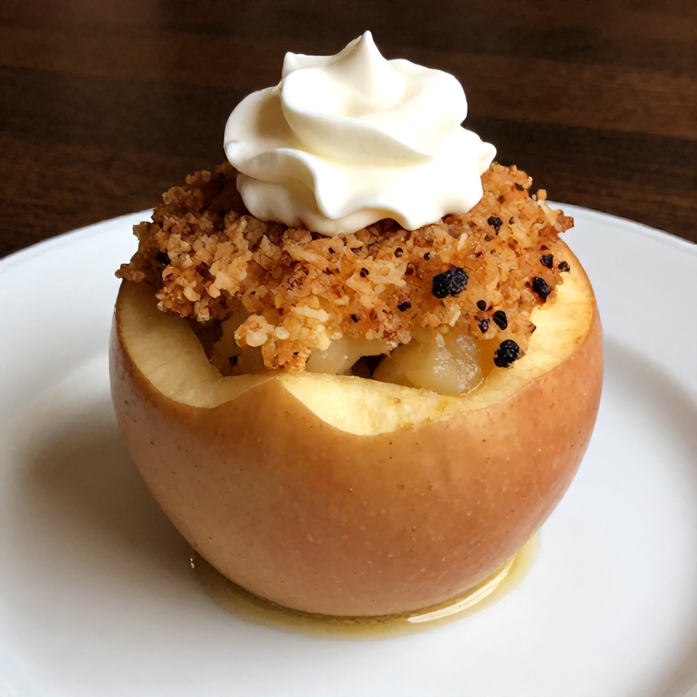 Plated stuffed apple with a dollop of whipped cream on a white plate
