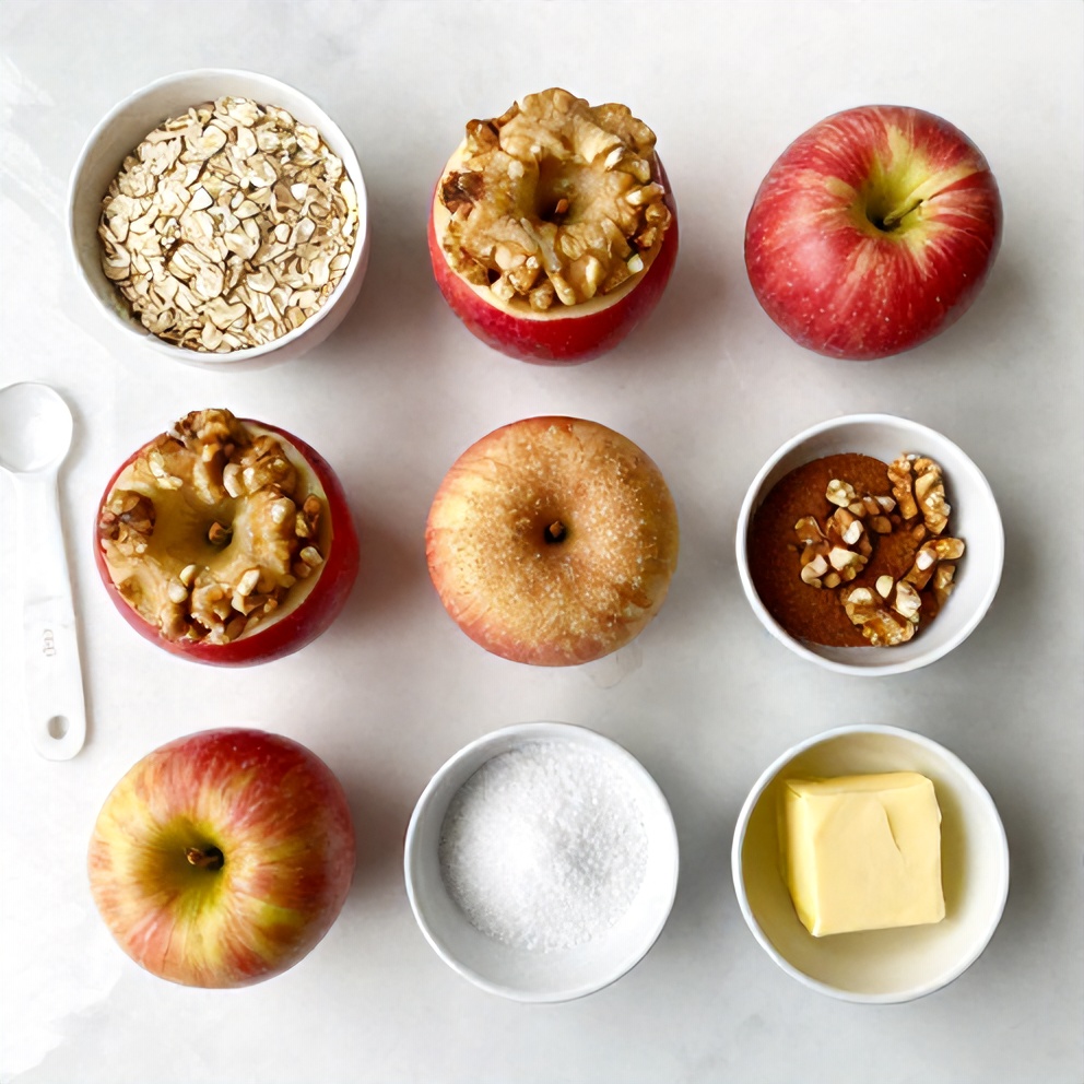 Raw ingredients for stuffed apples including apples, oats, cinnamon, and brown sugar on a white marble surface