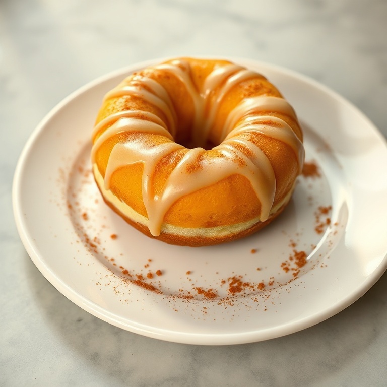 One perfectly plated peach cobbler cheesecake donut with a drizzle of glaze, sitting on a white ceramic plate with a cinnamon sprinkle