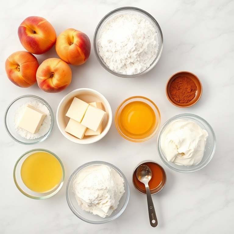 Fresh peaches, all-purpose flour, butter, eggs, sugar, cream cheese, cinnamon, and vanilla extract arranged in a clean overhead flat lay