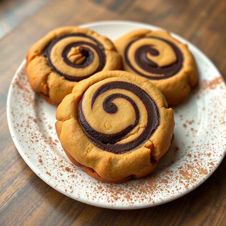 Peanut Butter Brownie Swirl Cookies on a white plate with a dusting of cocoa powder