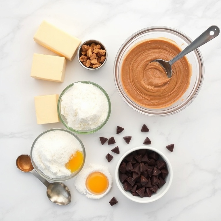Ingredients for Peanut Butter Brownie Swirl Cookies: butter, peanut butter, flour, sugar, eggs, chocolate chunks