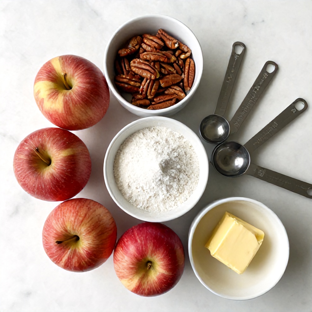 Raw ingredients for Pecan Apple Crisp Coffee Cake on a marble counter