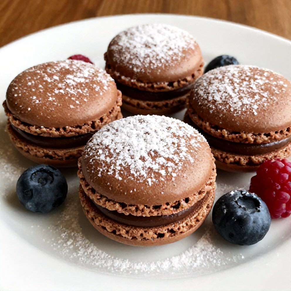 Perfect chocolate macarons with ganache filling on a white plate