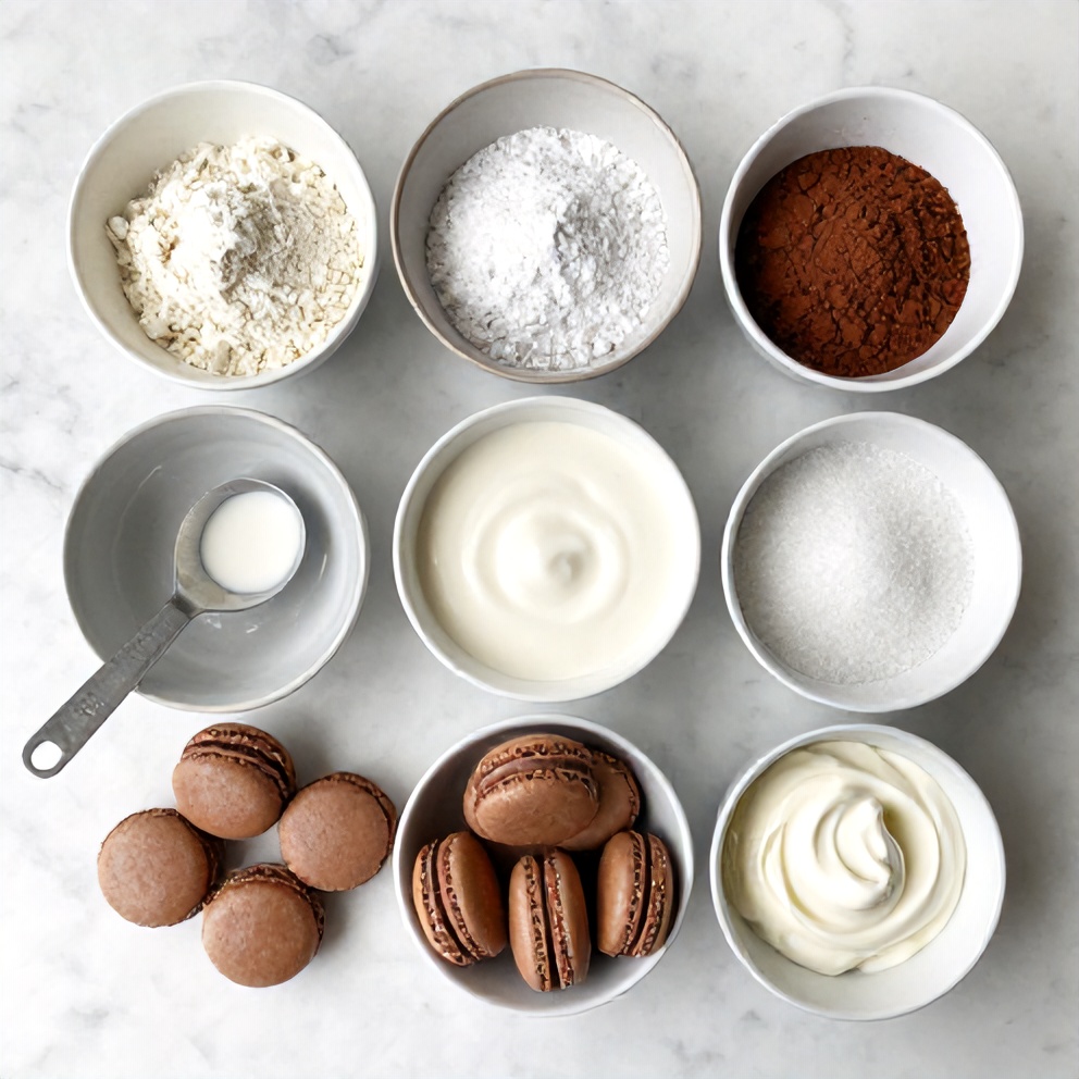 Raw ingredients for chocolate macarons on a marble countertop