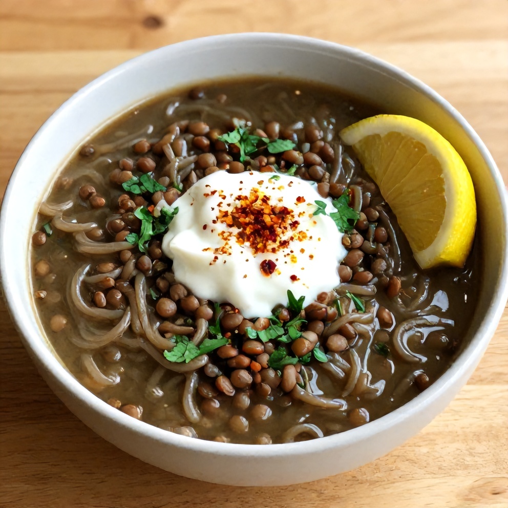 Bowl of Persian Noodle Soup with Fresh Herbs