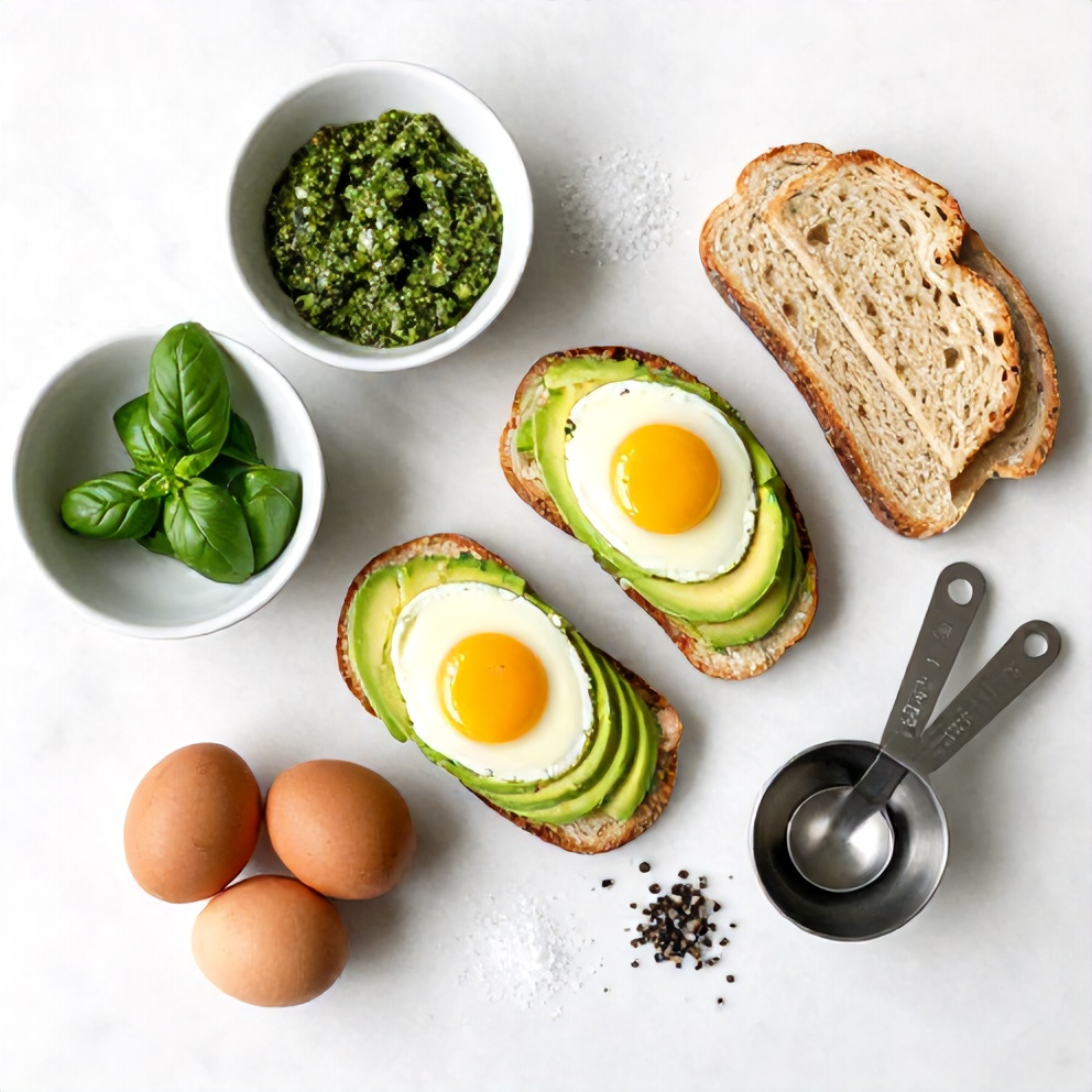 Avocado, Eggs, Pesto, Bread, Salt, Pepper