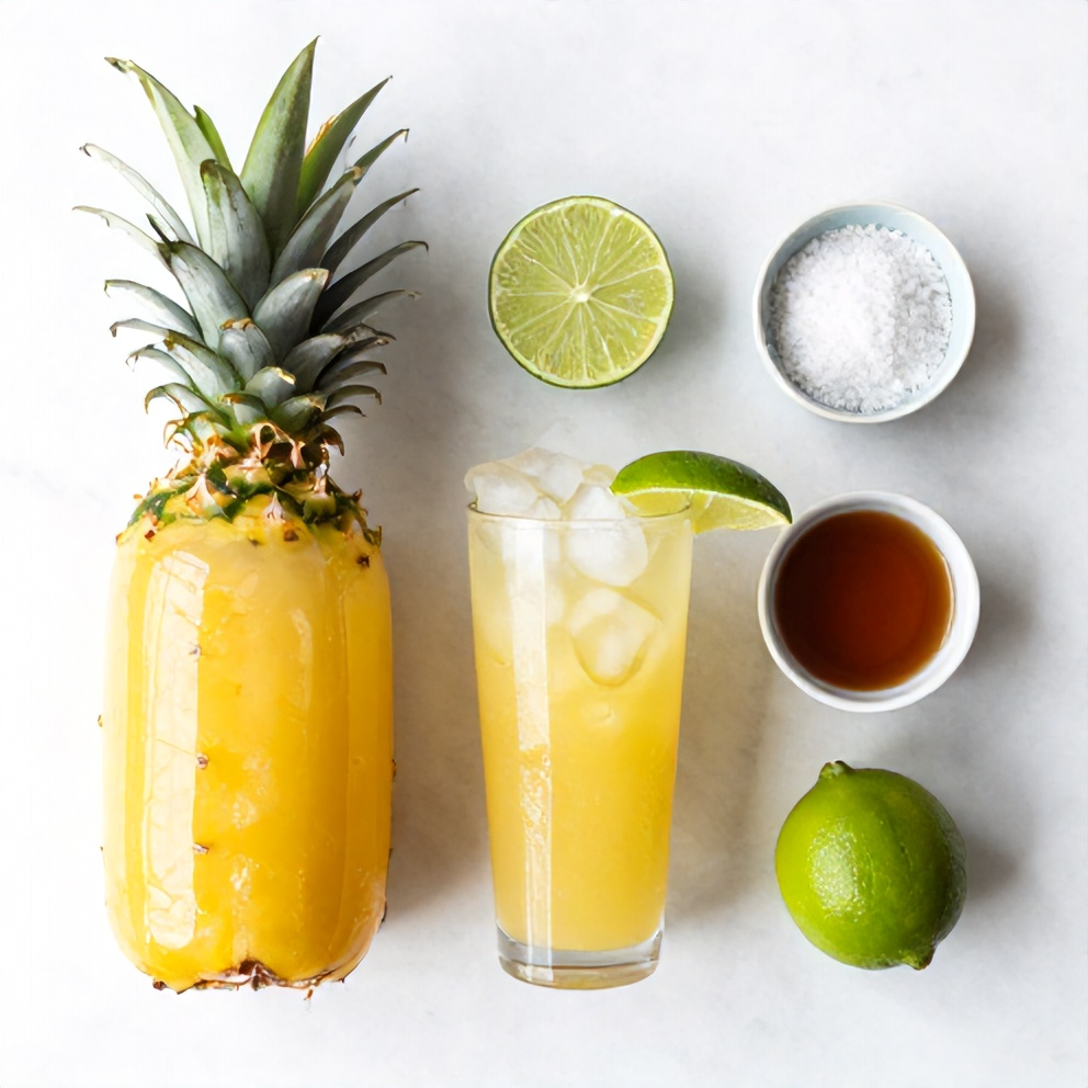 Raw ingredients for Pineapple Margarita Mocktail including pineapple juice, lime, salt, and ice