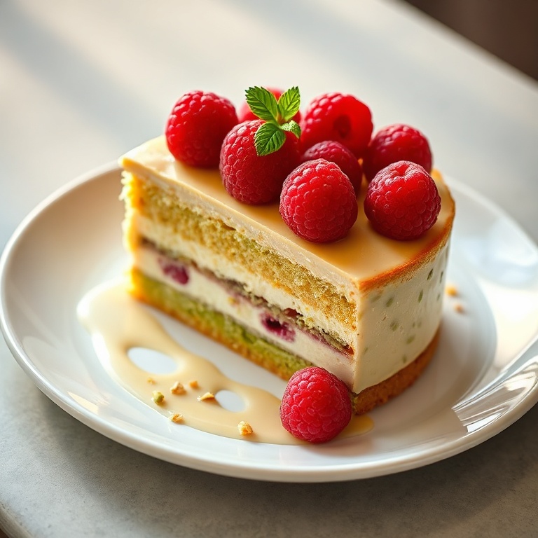 A perfectly plated pistachio raspberry cake with fresh raspberries on top. A white porcelain plate with a drizzle of glaze and a pistachio garnish.