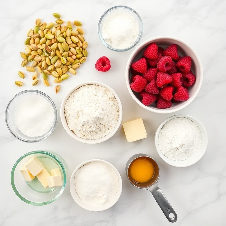 All the raw ingredients for a pistachio raspberry cake arranged in a flat lay. Pistachios, raspberries, flour, sugar, baking powder, butter, and eggs.