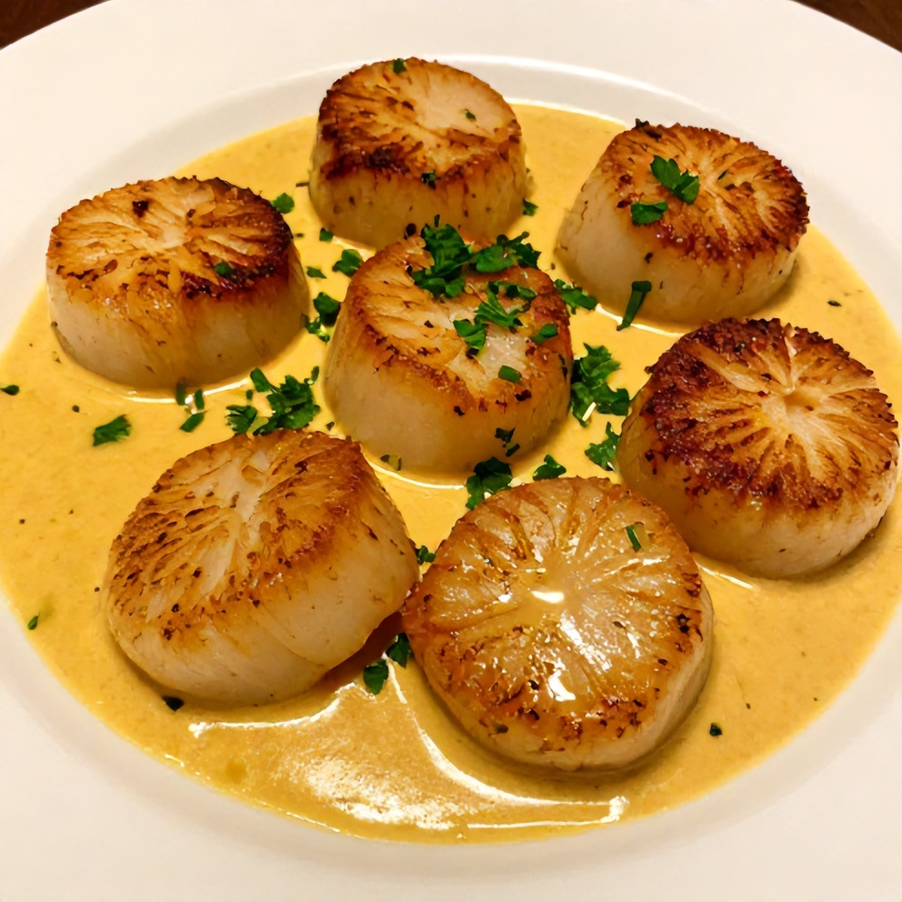 Plated serving of Quick Cajun Scallops in a creamy mustard sauce