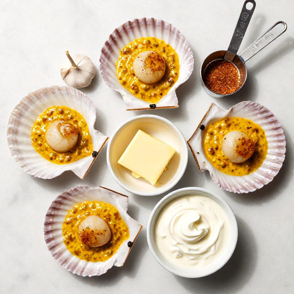 Raw ingredients for Quick Cajun Scallops in a creamy mustard sauce