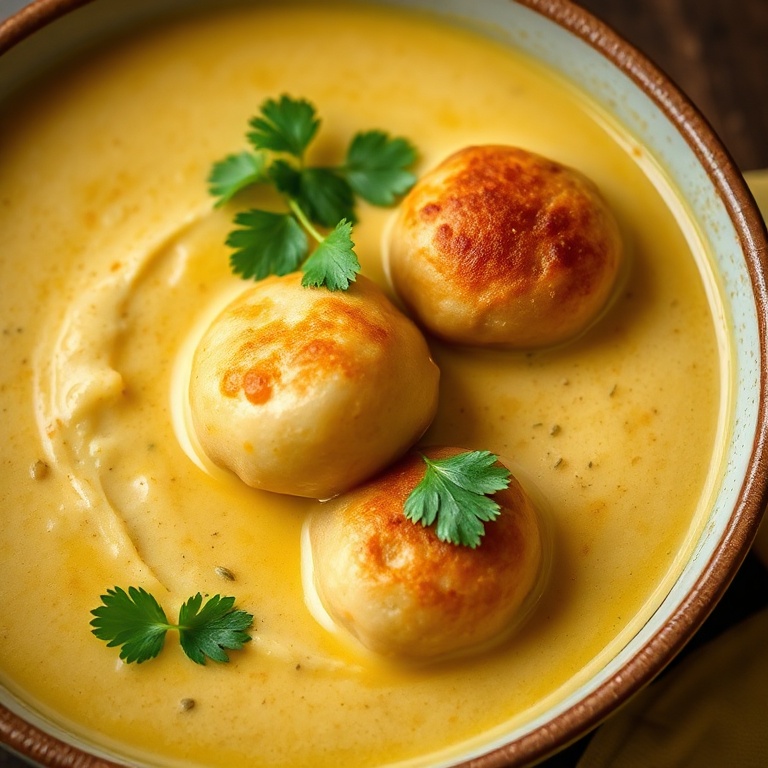 A single serving of vibrant coconut curry soup with crispy vegan dumplings and fresh cilantro on top.