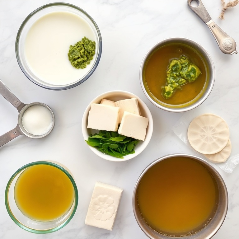 Fresh coconut milk, green curry paste, tofu, vegetable broth, and dumpling wrappers arranged in a flat lay.