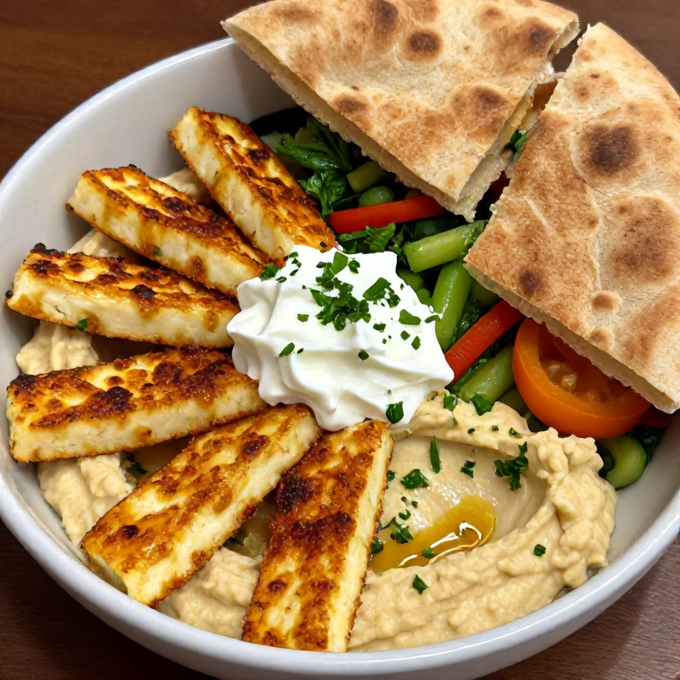 Plated Crispy Halloumi Greek Power Bowl