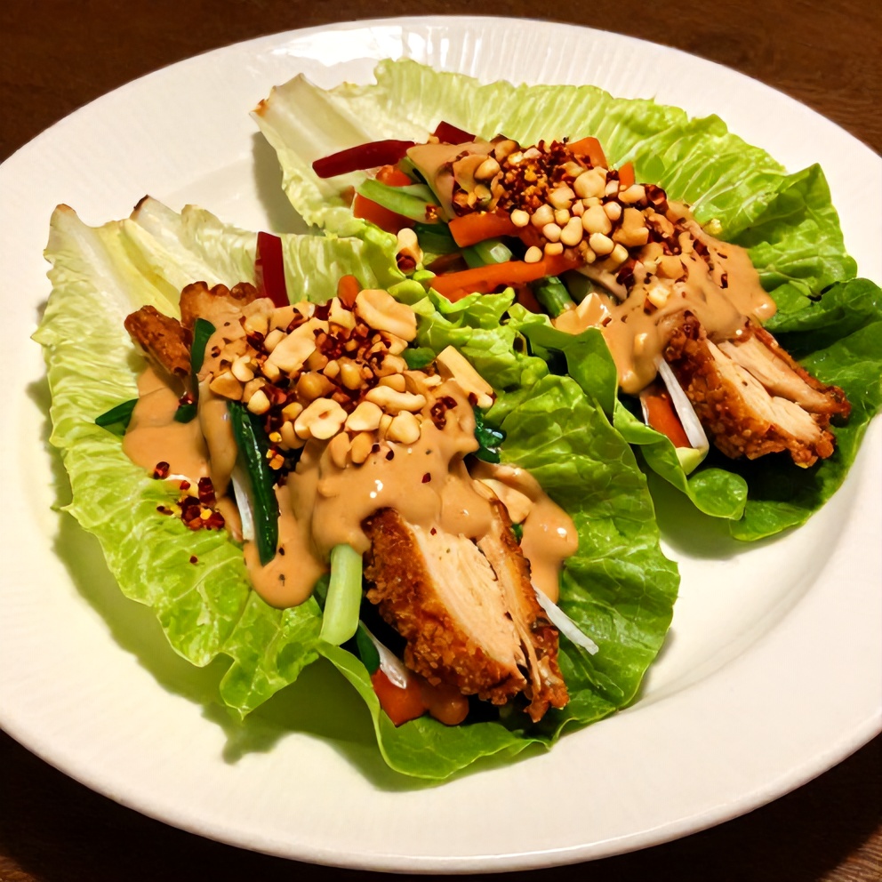 Plated chicken lettuce wraps with peanut sauce
