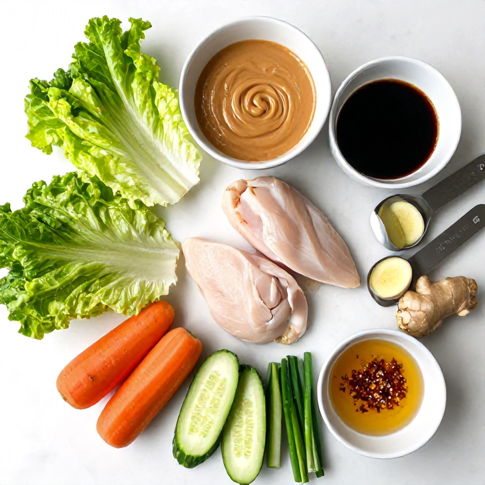 Raw ingredients for chicken lettuce wraps with peanut sauce