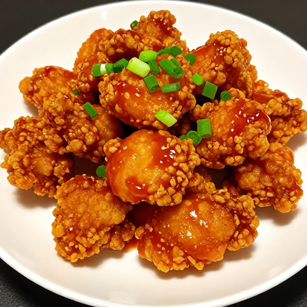Single plated portion of spicy dragon chicken on a round white dish, topped with sliced scallions, close-up texture, warm lighting.