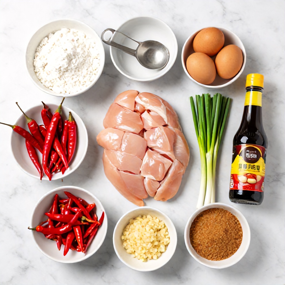Overhead shot of raw chicken breast, bright red chilies, green onions, garlic, and soy sauce in prep bowls, white marble surface.