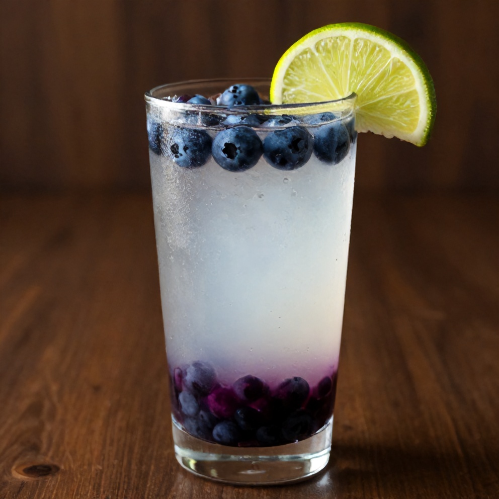 Blueberry coconut water drink garnished with lime wheel