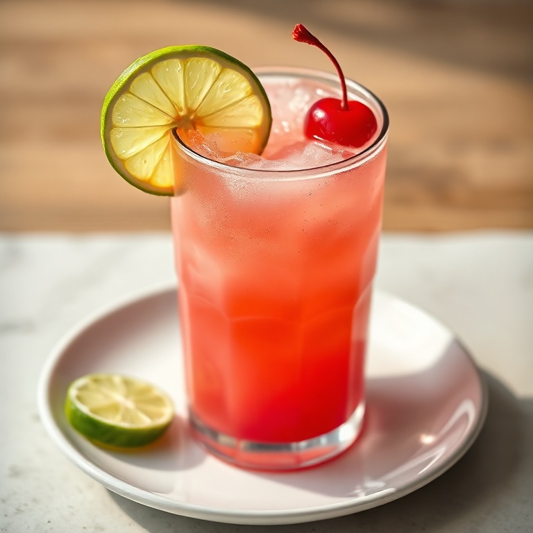 A chilled glass of cherry limeade with a lime slice and cherry on the rim