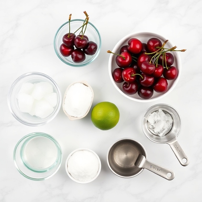 A flat lay of fresh cherries, lime, sugar, and water arranged on a white marble surface
