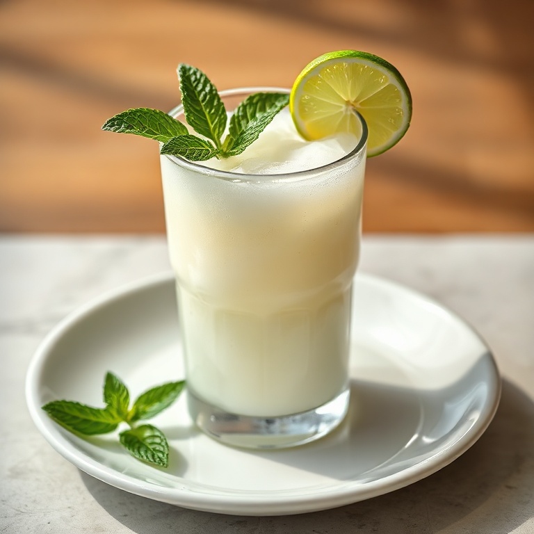A single glass of refreshing coconut lime drink with a mint garnish and lime slice on the rim