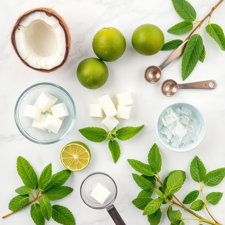 A close-up of fresh coconut, limes, mint leaves, and ice cubes arranged neatly on a white surface