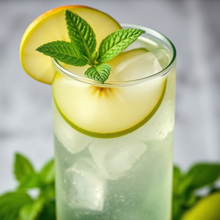 A glass of green apple soda with ice, a green apple slice, and a mint leaf. Crisp, refreshing, and bubbly.