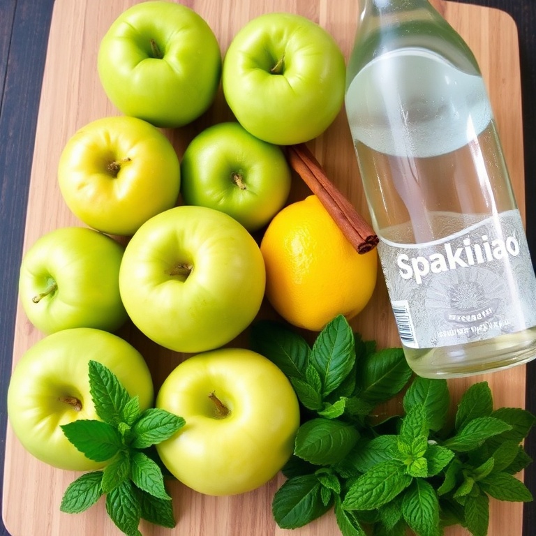 Fresh green apples, a bottle of sparkling water, a lemon, a cinnamon stick, and a handful of mint leaves arranged on a wooden board.