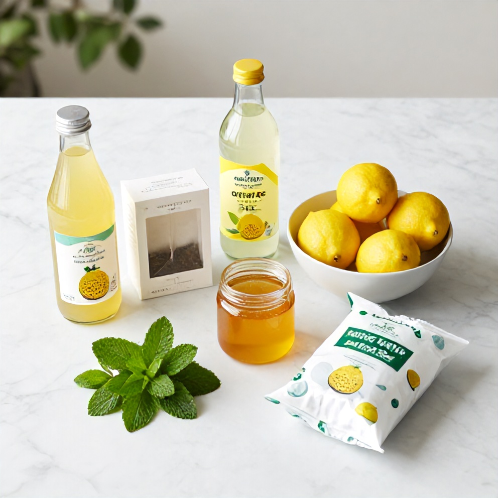 Raw ingredients for Guava White Tea Lemonade on a wooden surface