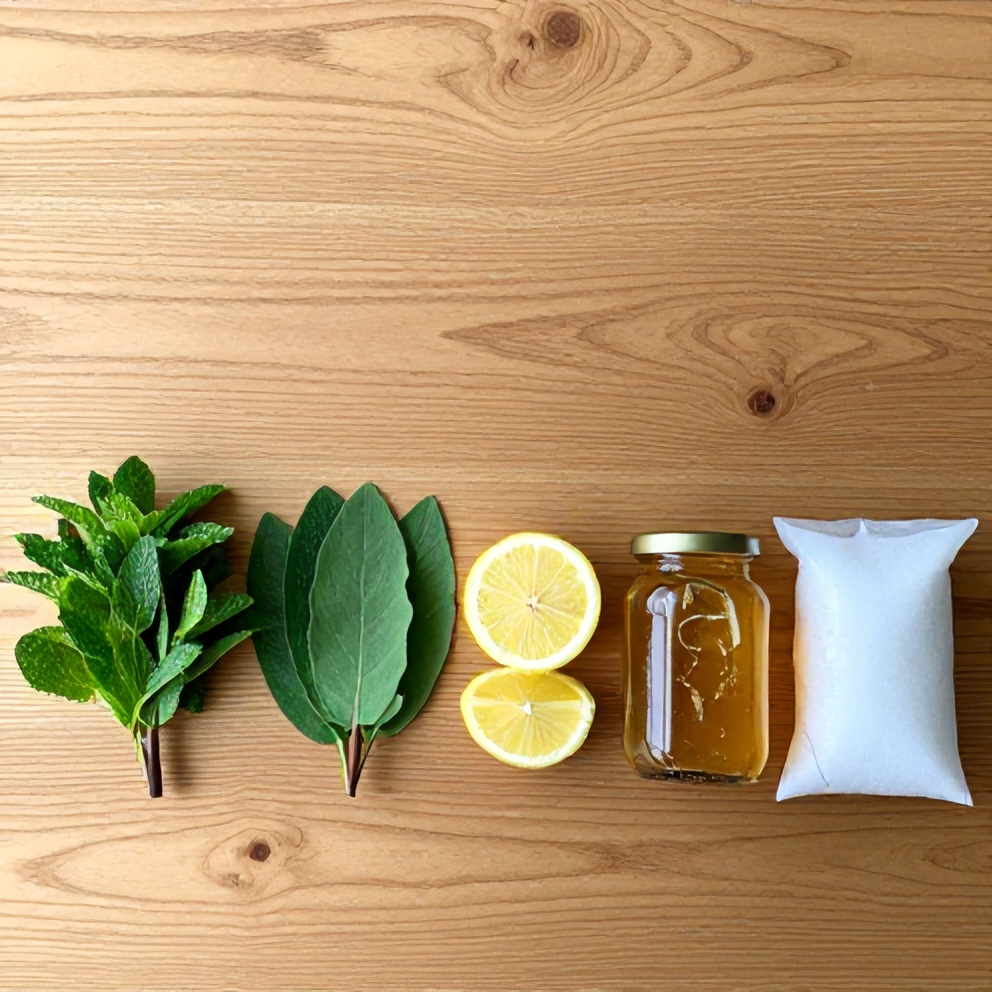 Ingredients for Mint and Lemon Verbena Iced Tea laid out on a wooden surface