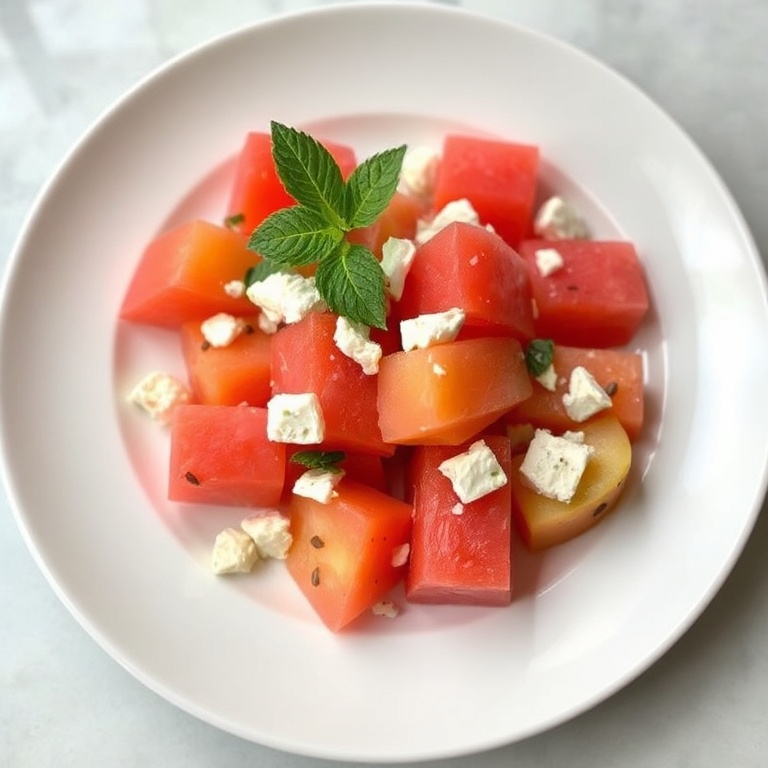 A perfectly plated serving of peach watermelon salad. Garnished with mint and feta. Served on a white ceramic plate with soft lighting.