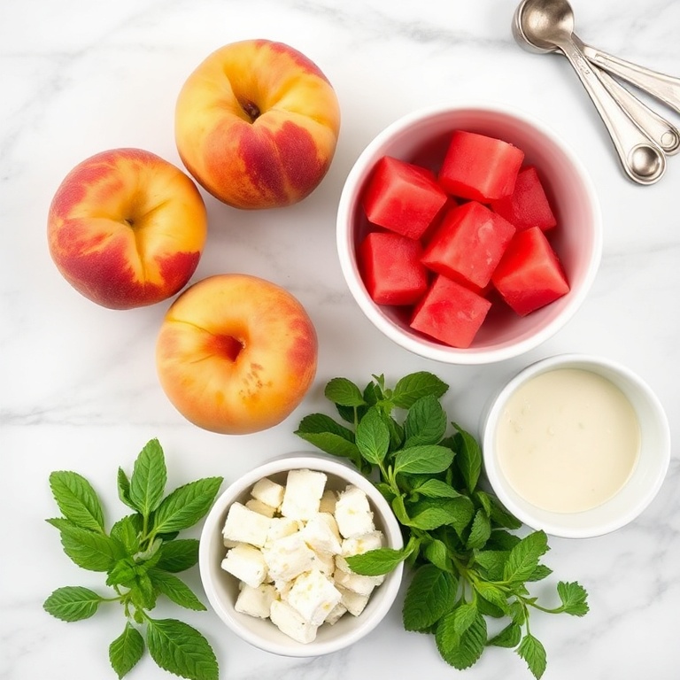 Fresh peaches, watermelon, mint leaves, feta cheese, and a bowl of dressing. Raw ingredients laid out neatly in a white marble setup.