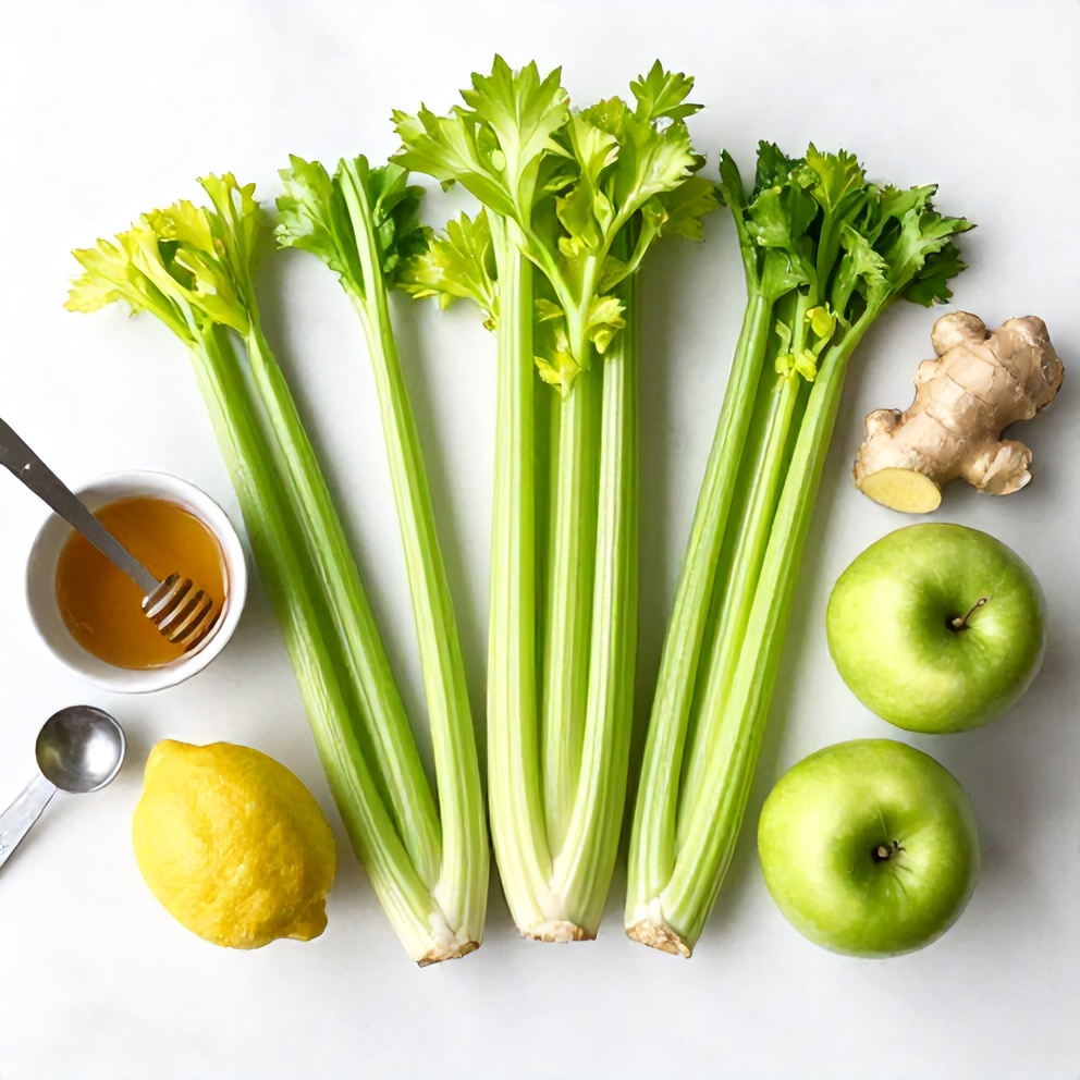 Raw ingredients for refreshing spring celery apple juice on a marble surface