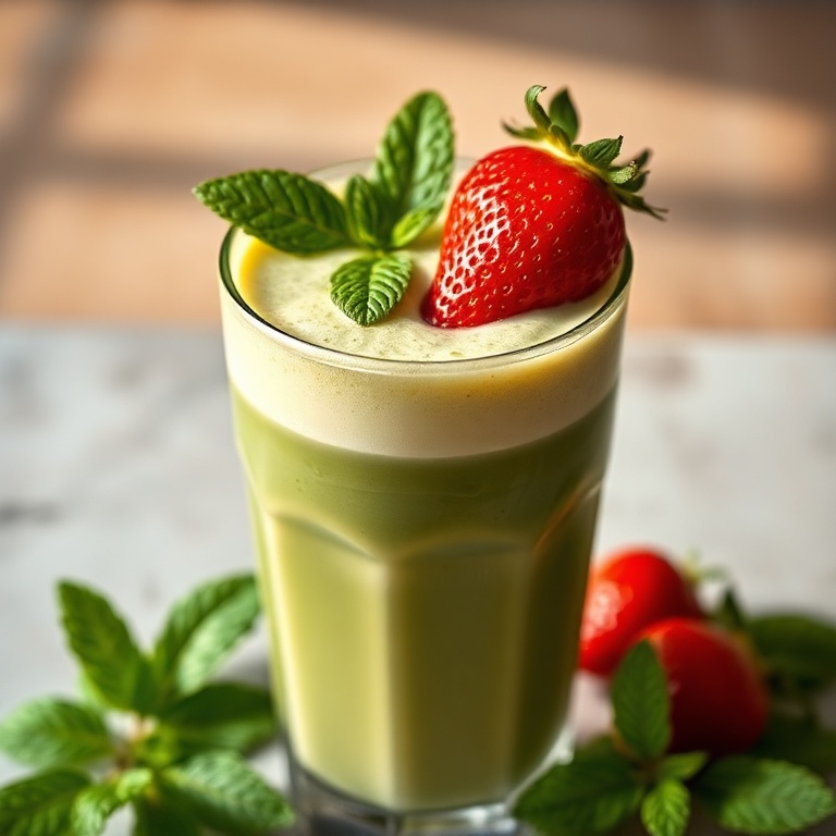 A beautifully presented strawberry matcha latte with a fresh strawberry on top and mint leaves.