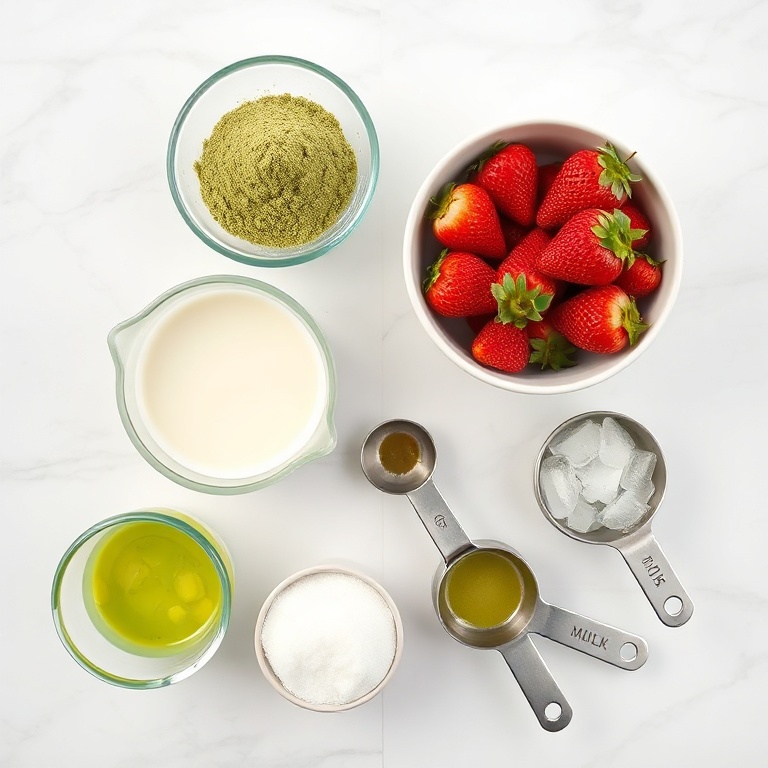 A flat lay of strawberries, matcha powder, milk, a whisk, and a glass for the strawberry matcha latte.