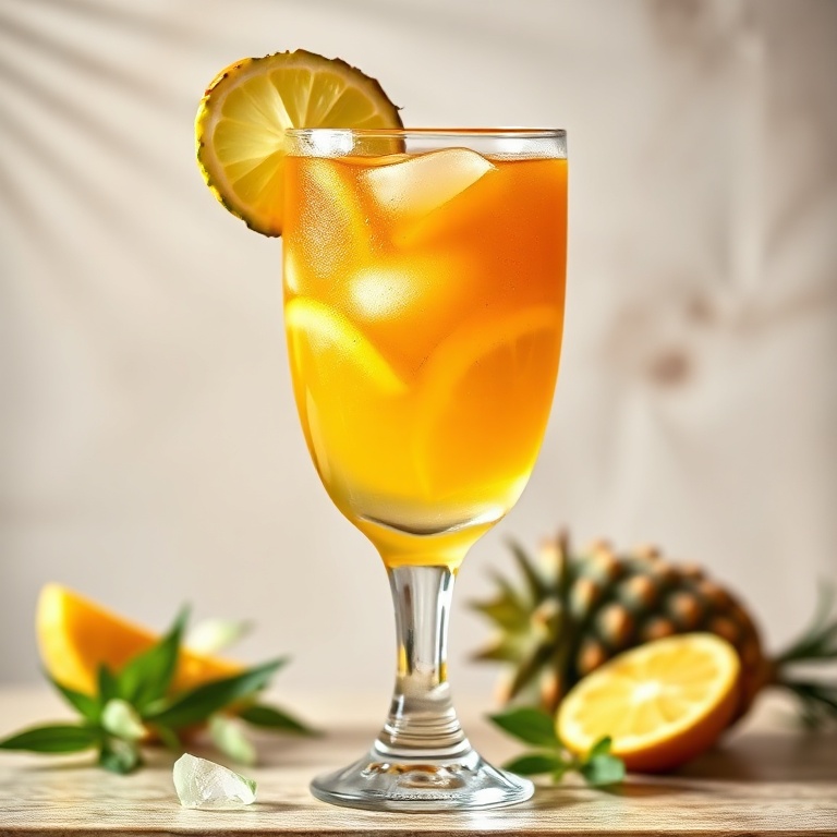 A glass of tropical white wine sangria with pineapple, mango, and orange slices. Served in a tall glass with a lime wedge. Bright and inviting.