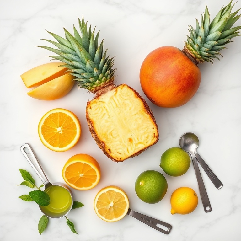 Fresh pineapple, mango, orange, lemon, and lime arranged in a flat lay on a white marble surface. Measuring cups and spoons nearby. All ingredients visible.