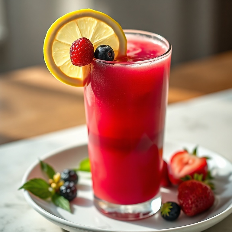 A tall glass of watermelon berry beet juice with a slice of lemon and fresh berries on the rim